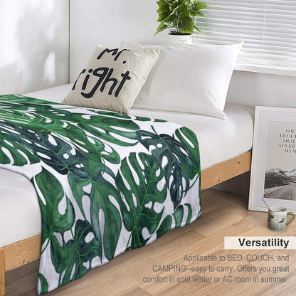Tropical Monstera Leaves - Dark Emerald Green Throw Blanket