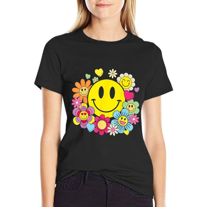 Retro Smile Face Flower Happy Face Flowers Heart Kids Girls T-Shirt