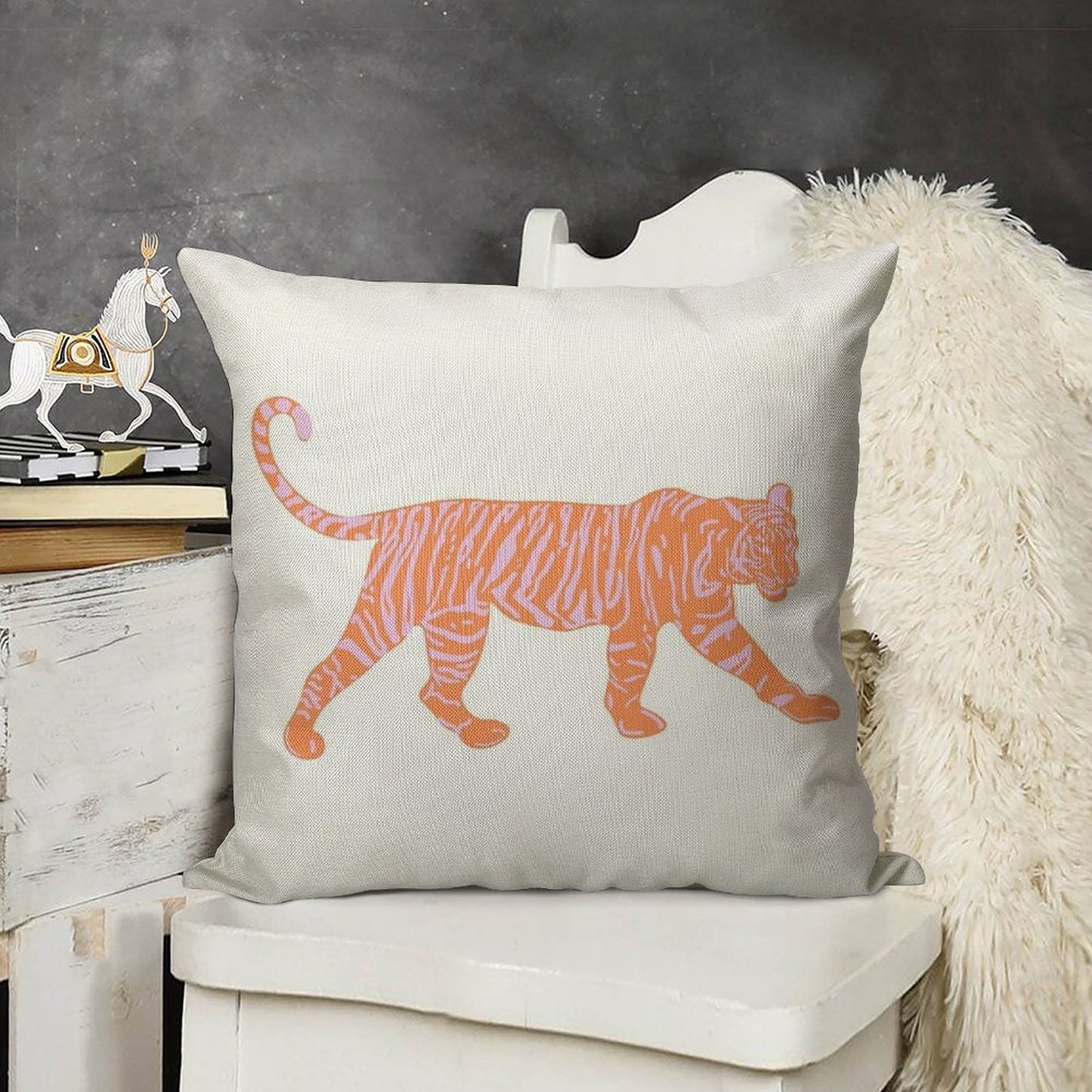 Orange And Pink Tiger Linen Throw Pillow Cover