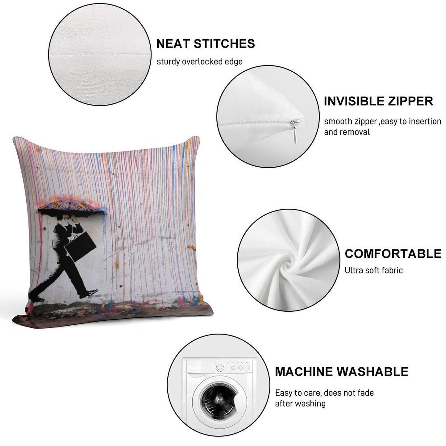 Banksy Umbrella Rainbow Happy Girl Soft Luxury Feel Throw Pillow