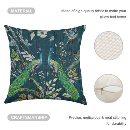 Peacock Chinoiserie (teal) Linen Throw Pillow Cover