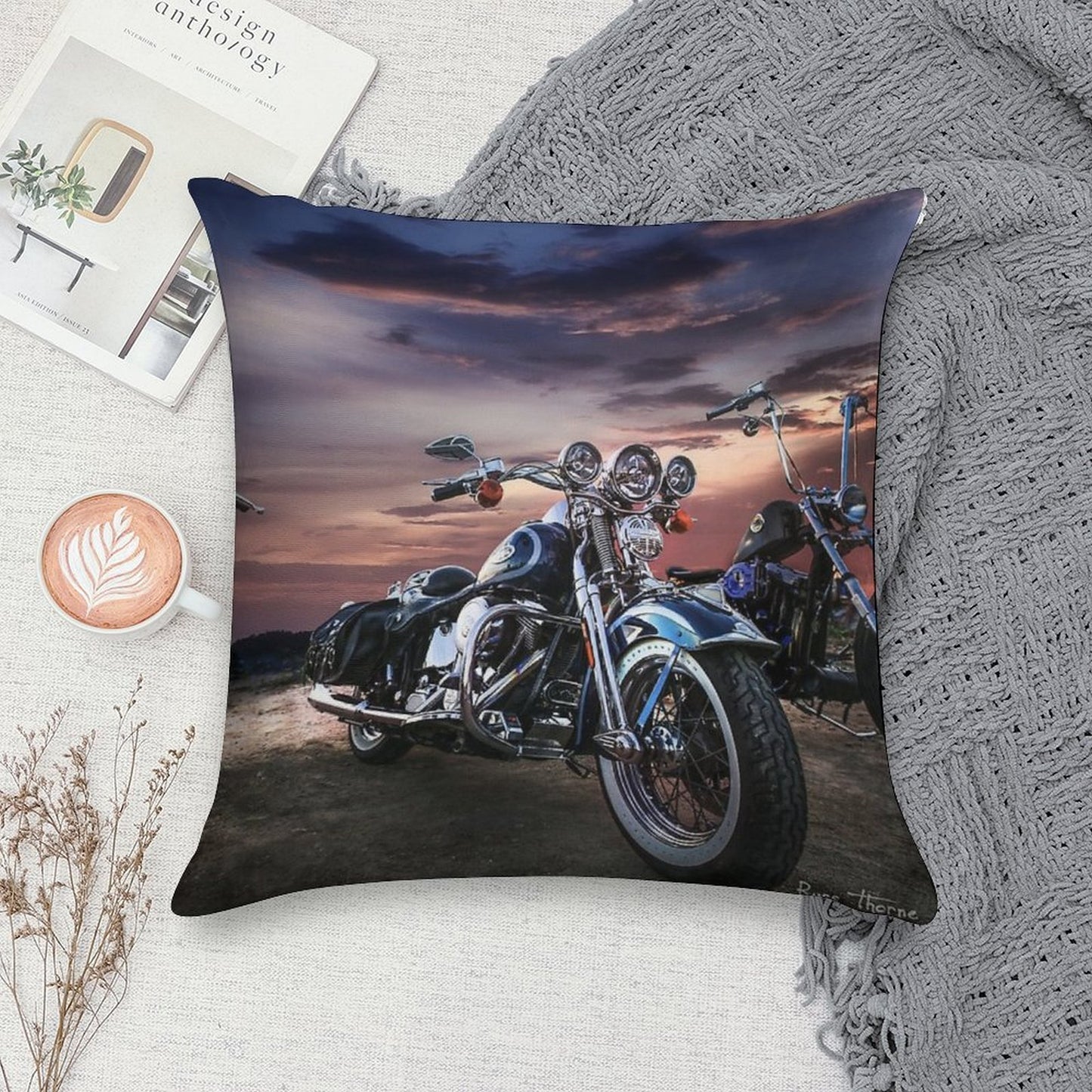 Harley Davidson Beautiful Sunset Soft Reinforced Edging Throw Pillow