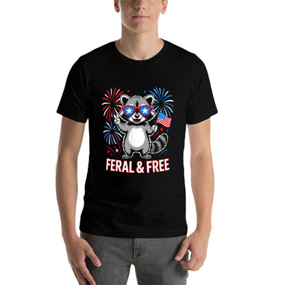 Feral & Free Raccoon Funny Patriotic 4th of July  Trendy Pattern T-Shirt