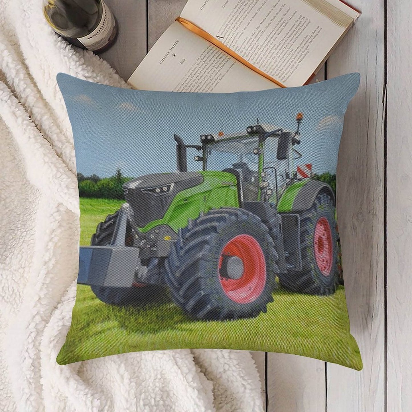 Green Tractor in Field Linen Throw Pillow Cover