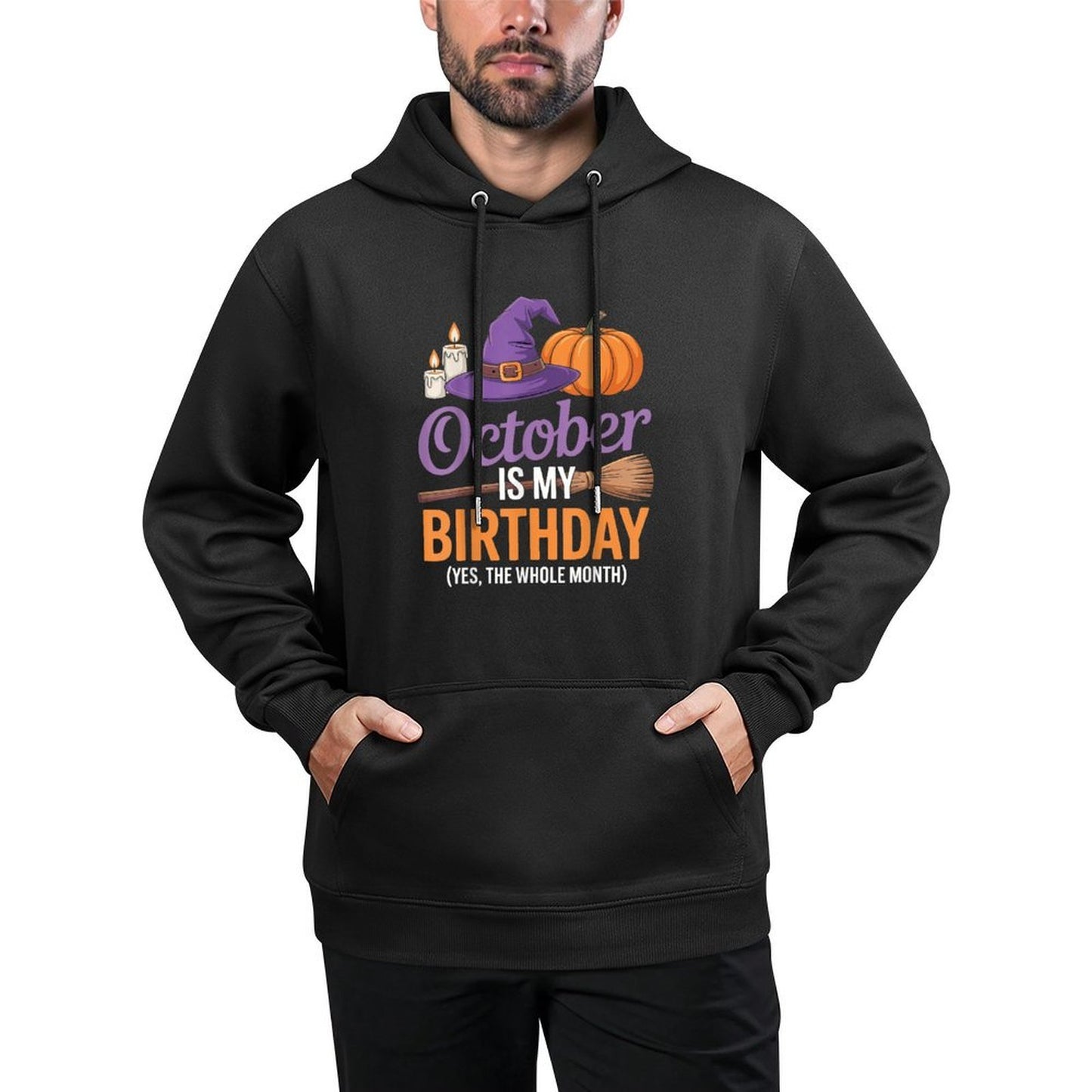 October Is My Halloween Birthday Spooky Broom Pumpkin Medium-Weight Fabric Hoodie