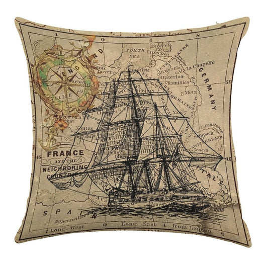 Dark Academia Vintage Pirate Ship Sailor Antique World Map Linen Throw Pillow Cover