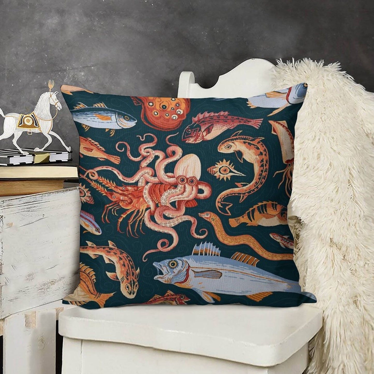 Pompeii Marine Mosaic Linen Throw Pillow Cover