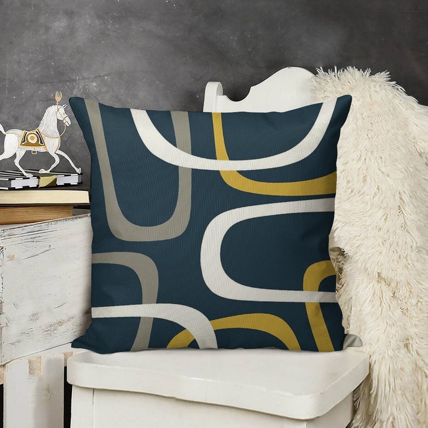Midcentury Modern Loops Retro Pattern in Light Mustard, Grey, White, And Navy Blue Linen Throw Pillow Cover