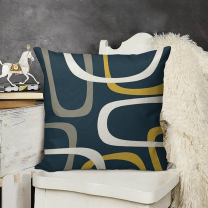 Midcentury Modern Loops Retro Pattern in Light Mustard, Grey, White, And Navy Blue Linen Throw Pillow Cover