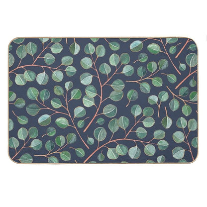 Simple Silver Dollar Eucalyptus Leaves on Navy Blue Bath Mat