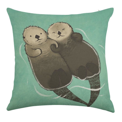 Significant Otters - Otters Holding Hands Linen Throw Pillow Cover