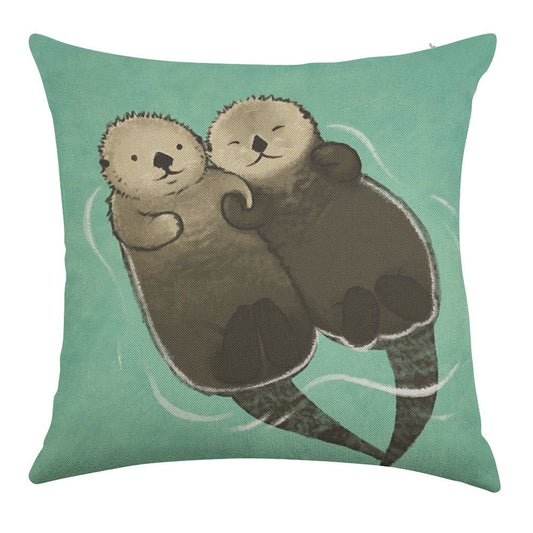 Significant Otters - Otters Holding Hands Linen Throw Pillow Cover