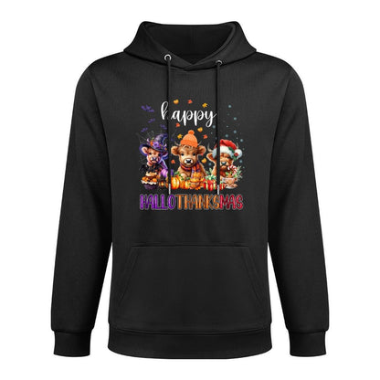 Happy Hallothanksmas Highland Cow Halloween Merry Christmas Sweatshirt Durable Construction Hoodie