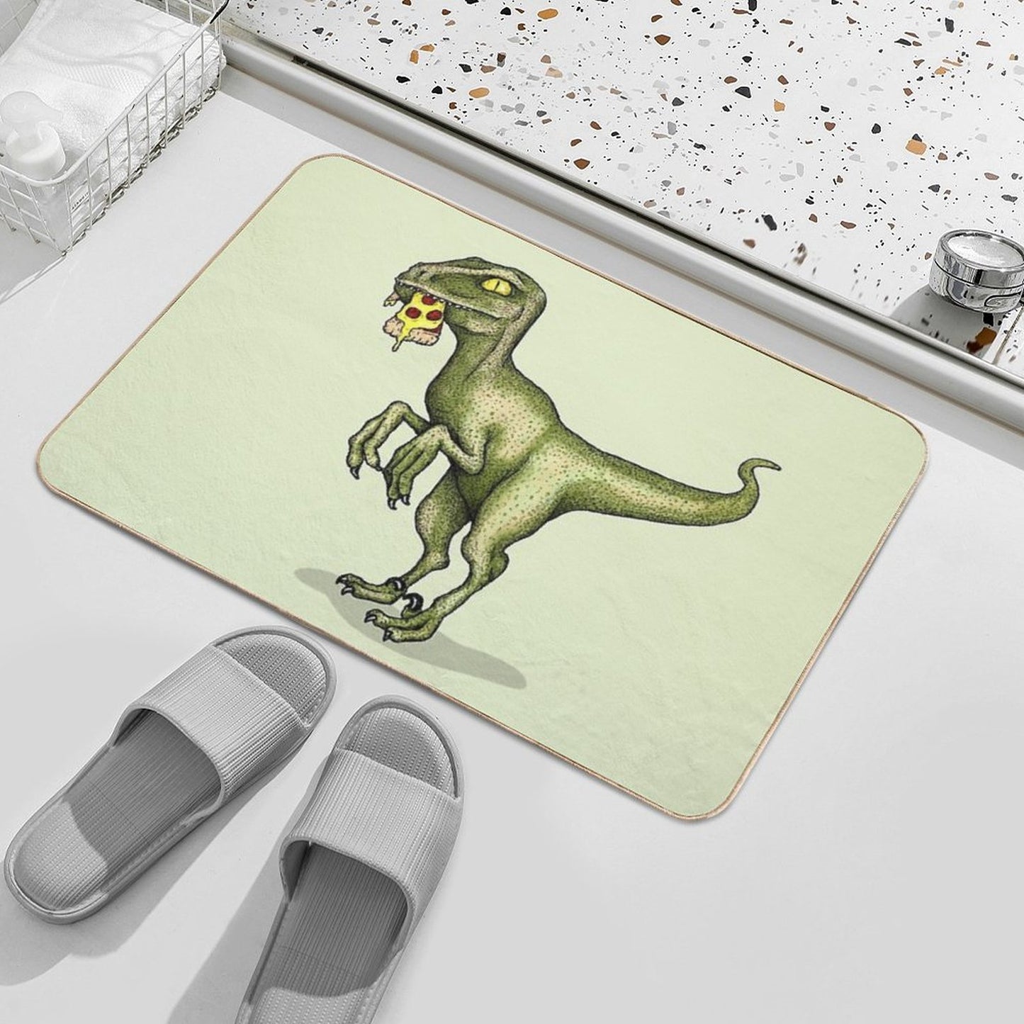 Raptor Dinosaur Eating Pizza Slice Bath Mat