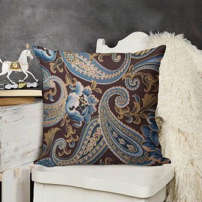 Blue Brown Vintage Paisley Linen Throw Pillow Cover