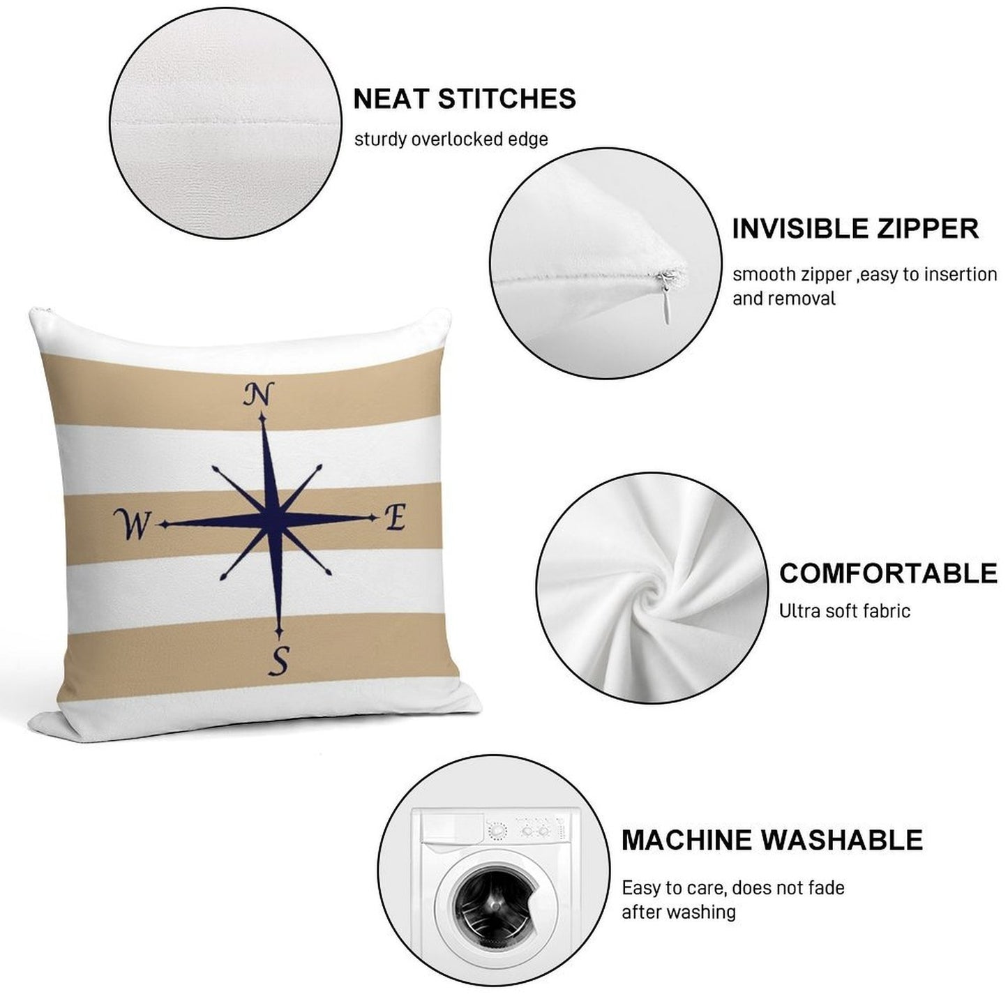 Nautical Navy Blue Compass On Tropical Tan And White Stripes Soft Durable Construction Throw Pillow