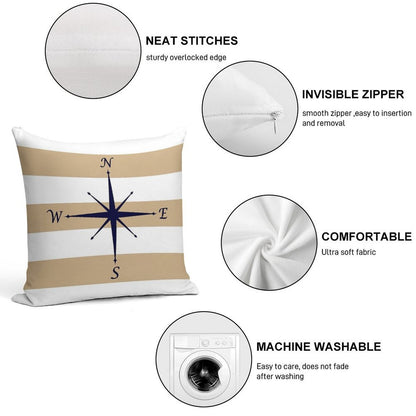 Nautical Navy Blue Compass On Tropical Tan And White Stripes Soft Durable Construction Throw Pillow