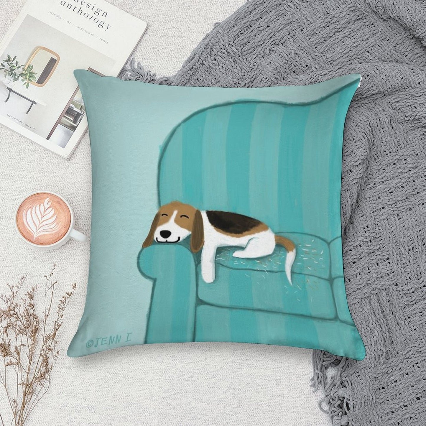 Happy Couch Dog  Cute Beagle Soft Washable Throw Pillow