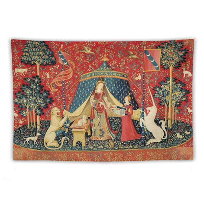 LADY AND THE UNICORN DESIRE ,Lion,Fantasy Flowers,Animals,Red Green Floral Tapestry Tapestry