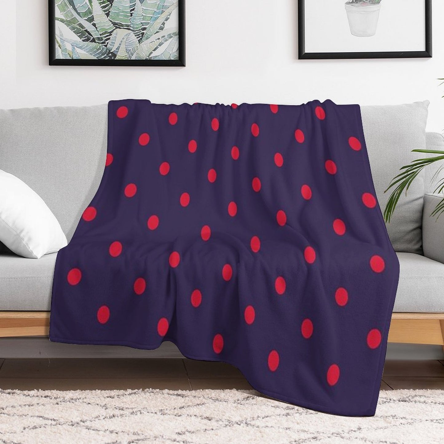 Small RED And NAVY BLUE Polka Dots Throw Blanket