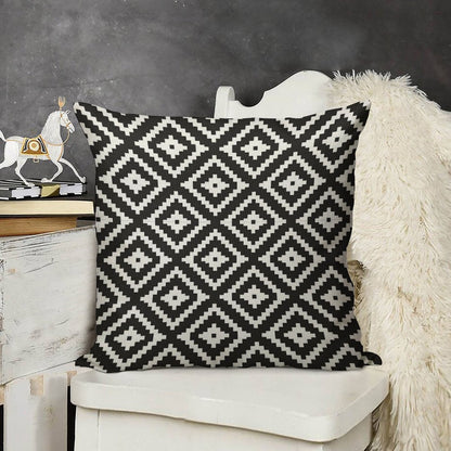 Aztec - White on Black Linen Throw Pillow Cover