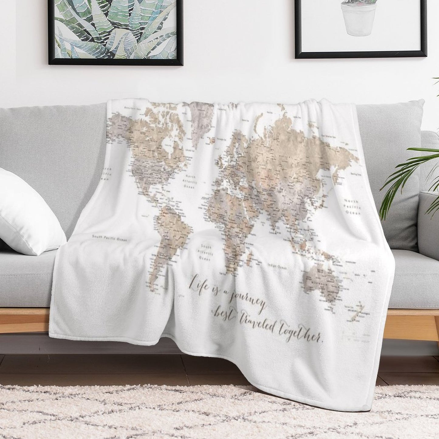 Life Is A Jouney Best Travelled Together, World Map, Abey Throw Blanket