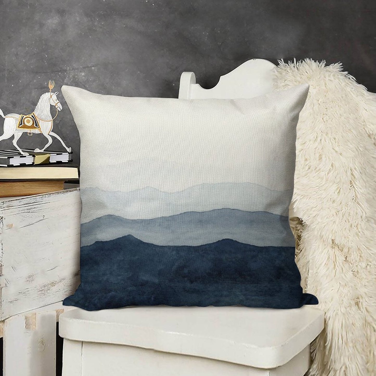 Mountains Ombre  Indigo Abstract Watercolor Linen Throw Pillow Cover