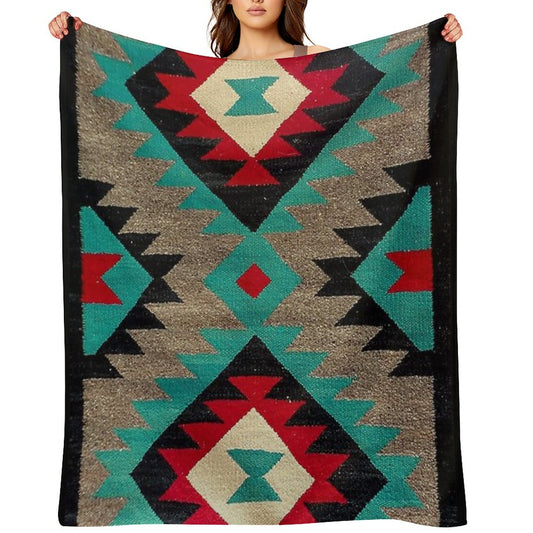 Navajo Blanket Pattern, Turquise, Red, Grey, Black Throw Blanket