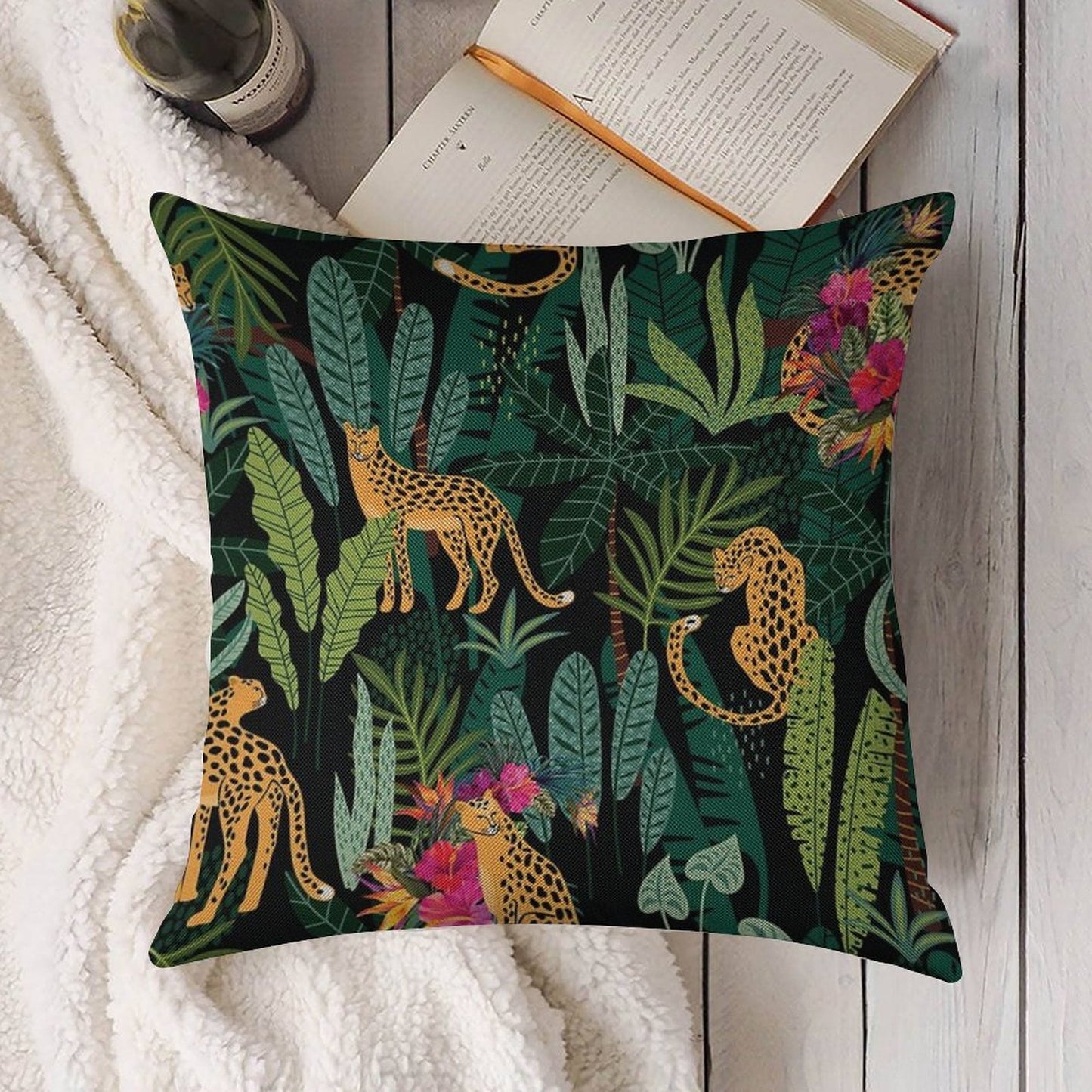 Tropical Cheetah Print Linen Throw Pillow Cover
