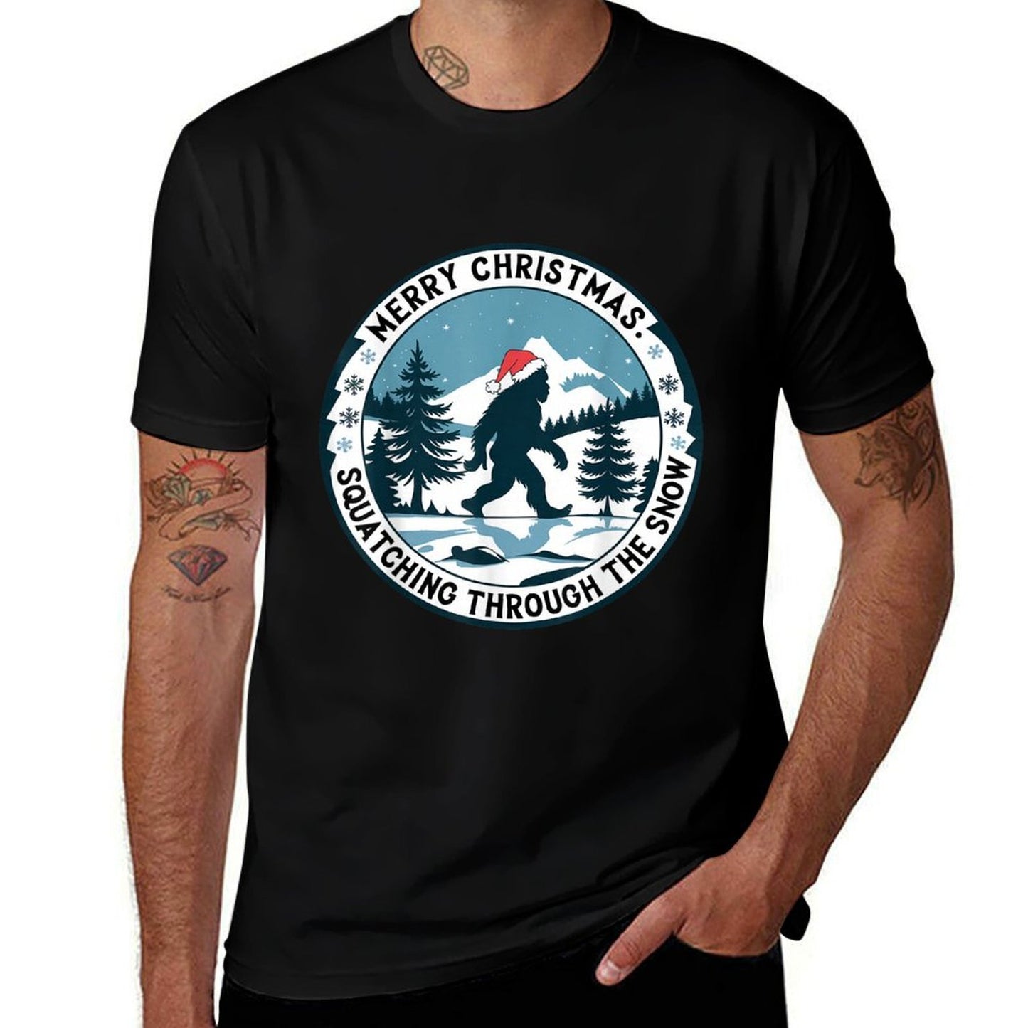 Merry Christmas Bigfoot Squatching Through The Snow Xmas  Rolled Sleeves T-Shirt