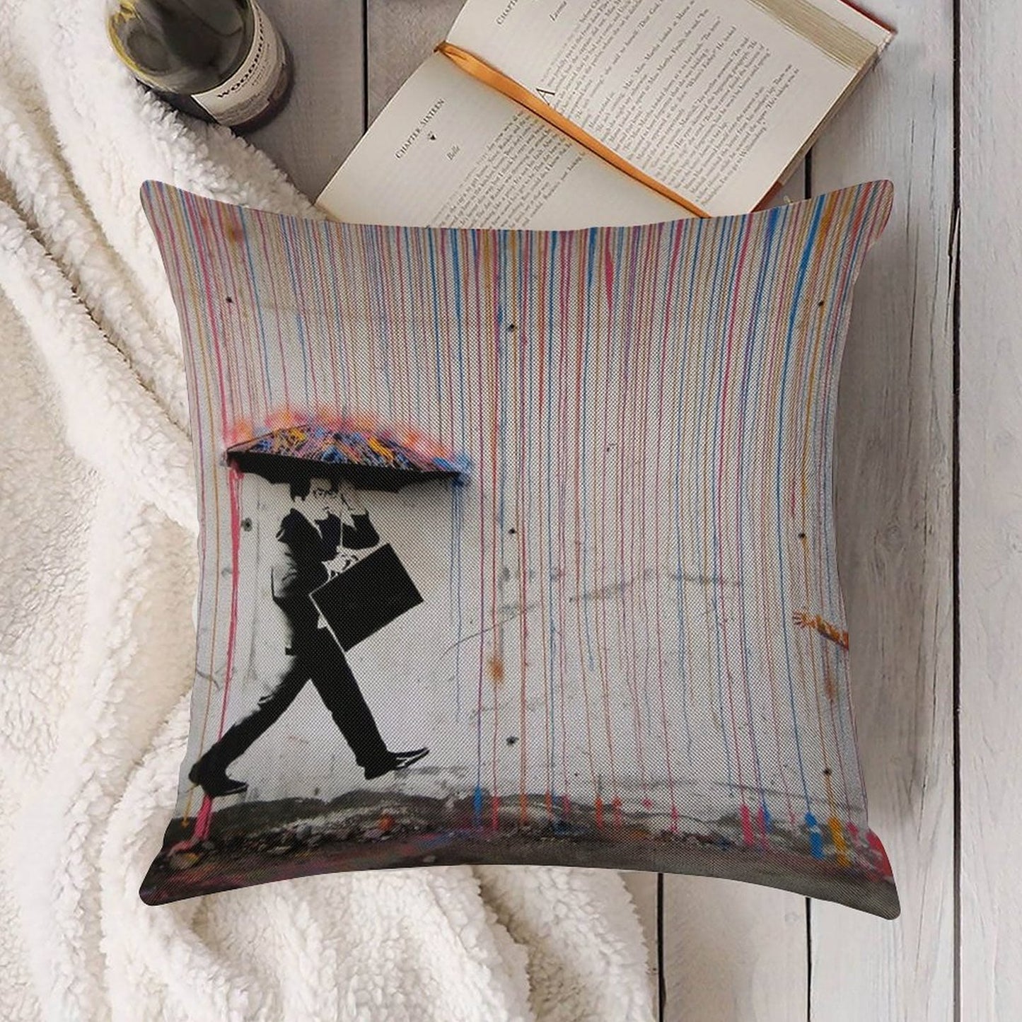 Banksy Umbrella Rainbow Happy Girl Linen Throw Pillow Cover