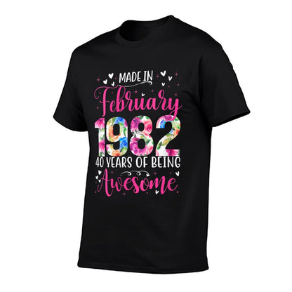 Womens 40th Birthday Floral Gift for Womens Born in February 1982  Cotton T-Shirt