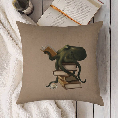 Well-Read Octopus Linen Throw Pillow Cover