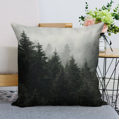 Waiting For  Misty Foggy Fairytale Forest With Cascadia Trees Covered In Magic Fog Linen Throw Pillow Cover