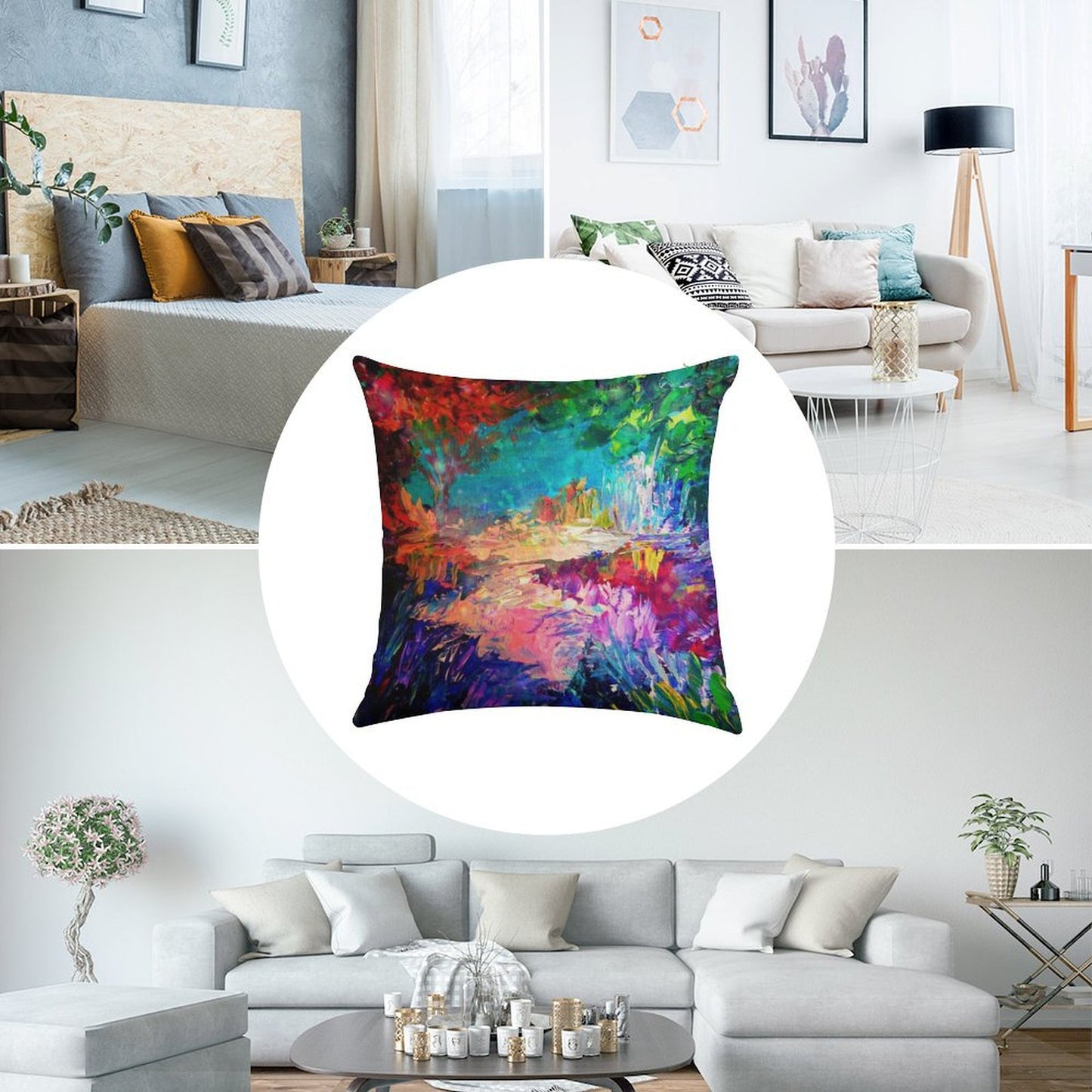 WELCOME TO UTOPIA Bold Rainbow Multicolor Abstract Painting Forest Nature Whimsical Fantasy Fine Art Linen Throw Pillow Cover