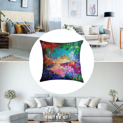 WELCOME TO UTOPIA Bold Rainbow Multicolor Abstract Painting Forest Nature Whimsical Fantasy Fine Art Linen Throw Pillow Cover