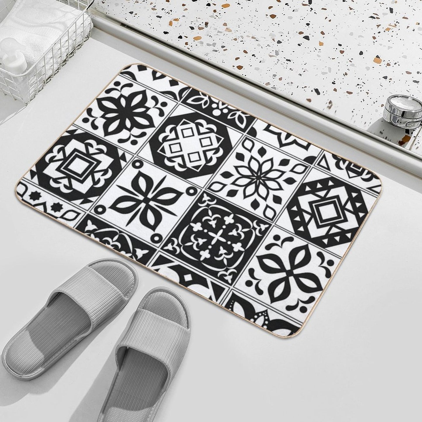 Black White Tiles Bath Mat