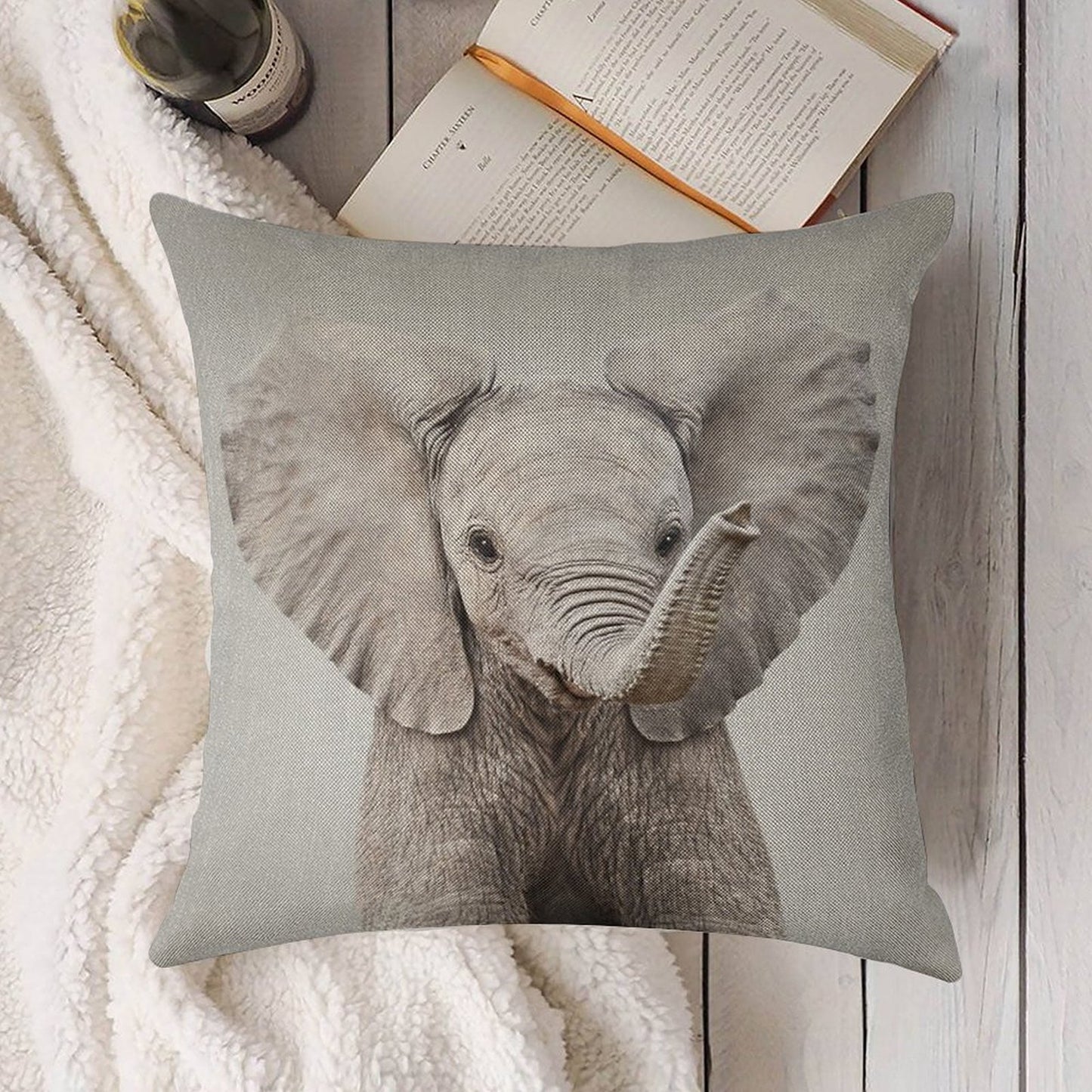 Baby Elephant - Colorful Linen Throw Pillow Cover