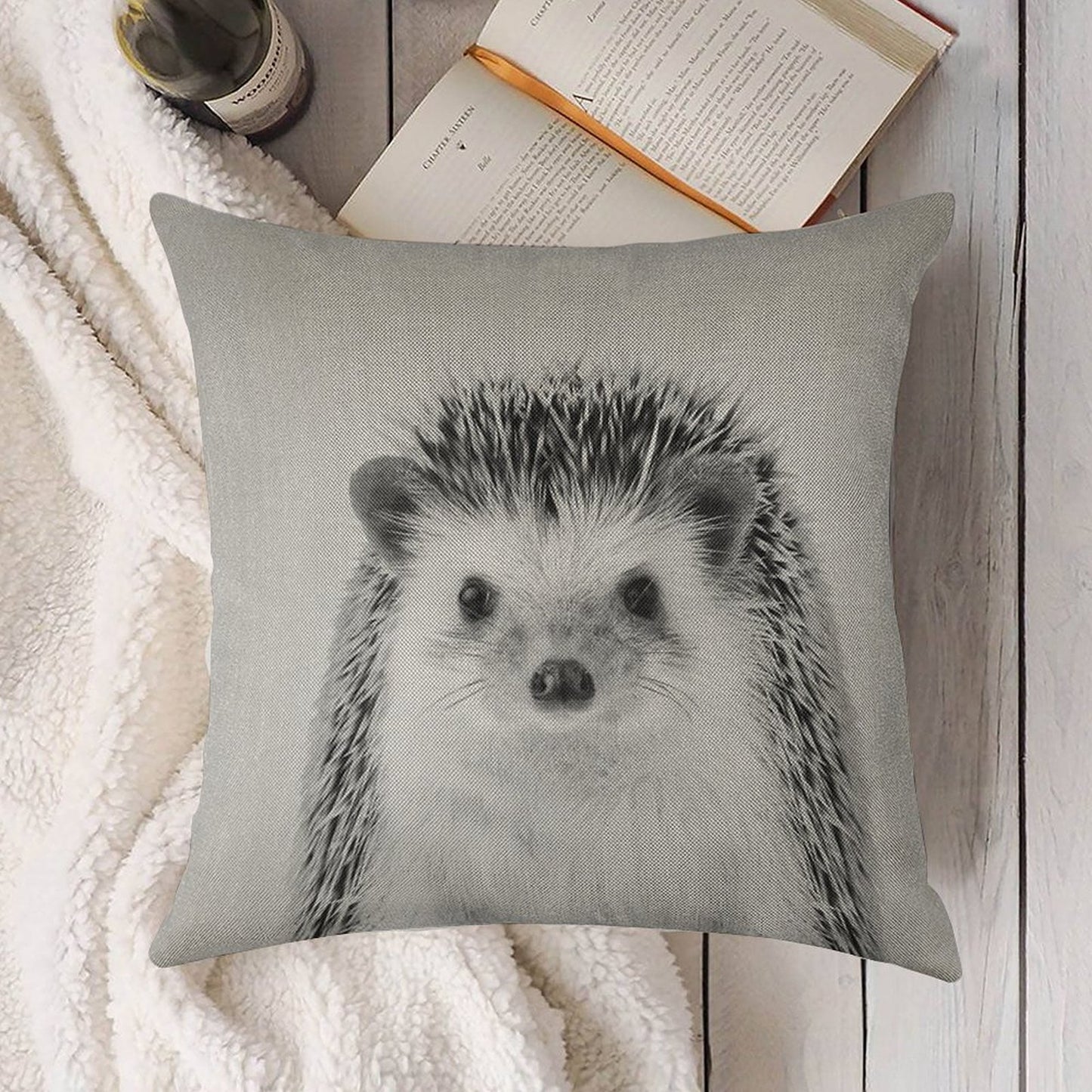 Hedgehog - Black & White Linen Throw Pillow Cover