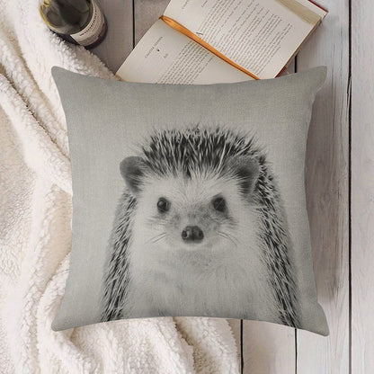 Hedgehog - Black & White Linen Throw Pillow Cover