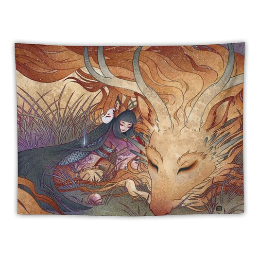 Slumbering Kitsune And Dragon Tapestry