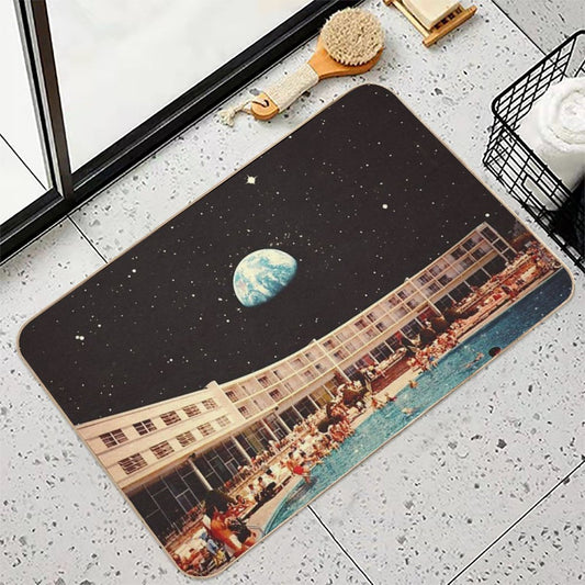 Lunar Pool Life - Retro-Futuristic Holiday Resort, Science Fiction Collage Fade-Resistant Bath Mat