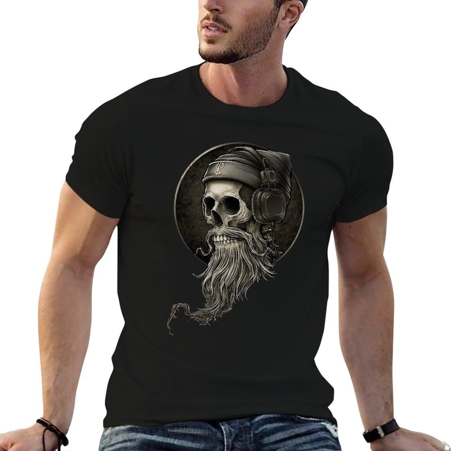 Viking Vintage Skull Beard with Headphone  Trendy Pattern T-Shirt