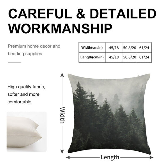 Waiting For  Misty Foggy Fairytale Forest With Cascadia Trees Covered In Magic Fog Linen Throw Pillow Cover