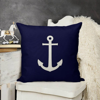 White Anchor On Navy Blue Linen Throw Pillow Cover