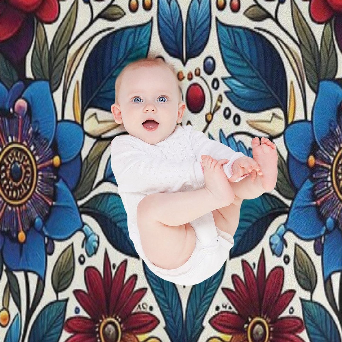 Deep Blue Ojibwe Bloom – Indigenous Floral Folk Art Throw Blanket