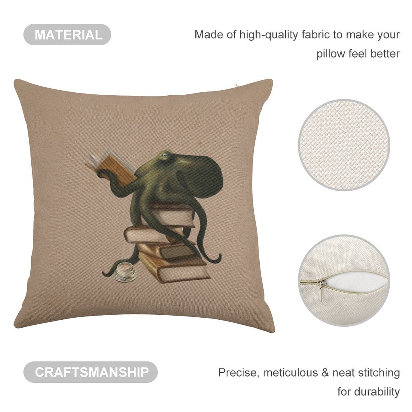 Well-Read Octopus Linen Throw Pillow Cover