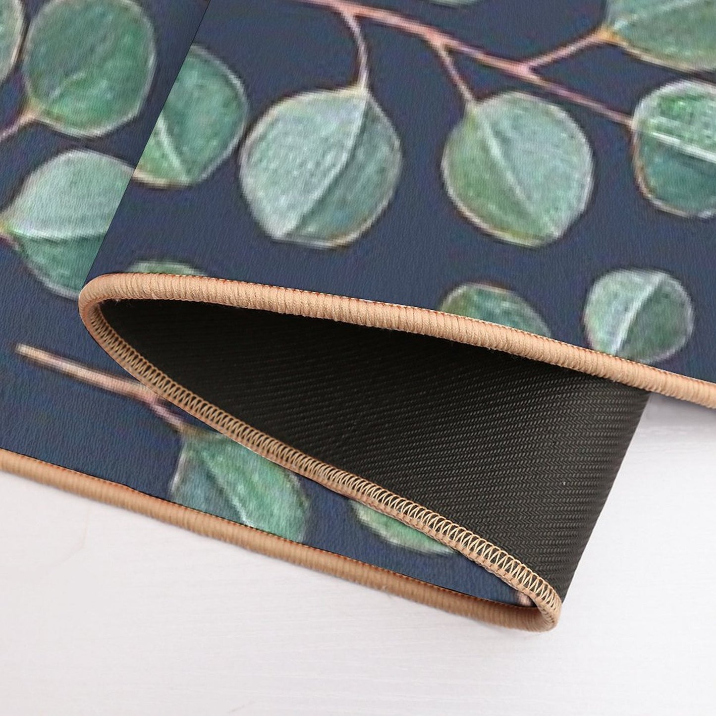 Simple Silver Dollar Eucalyptus Leaves on Navy Blue Bath Mat