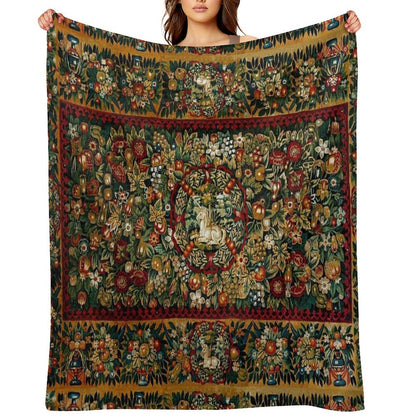 Medieval Unicorn Floral Tapestry Throw Blanket