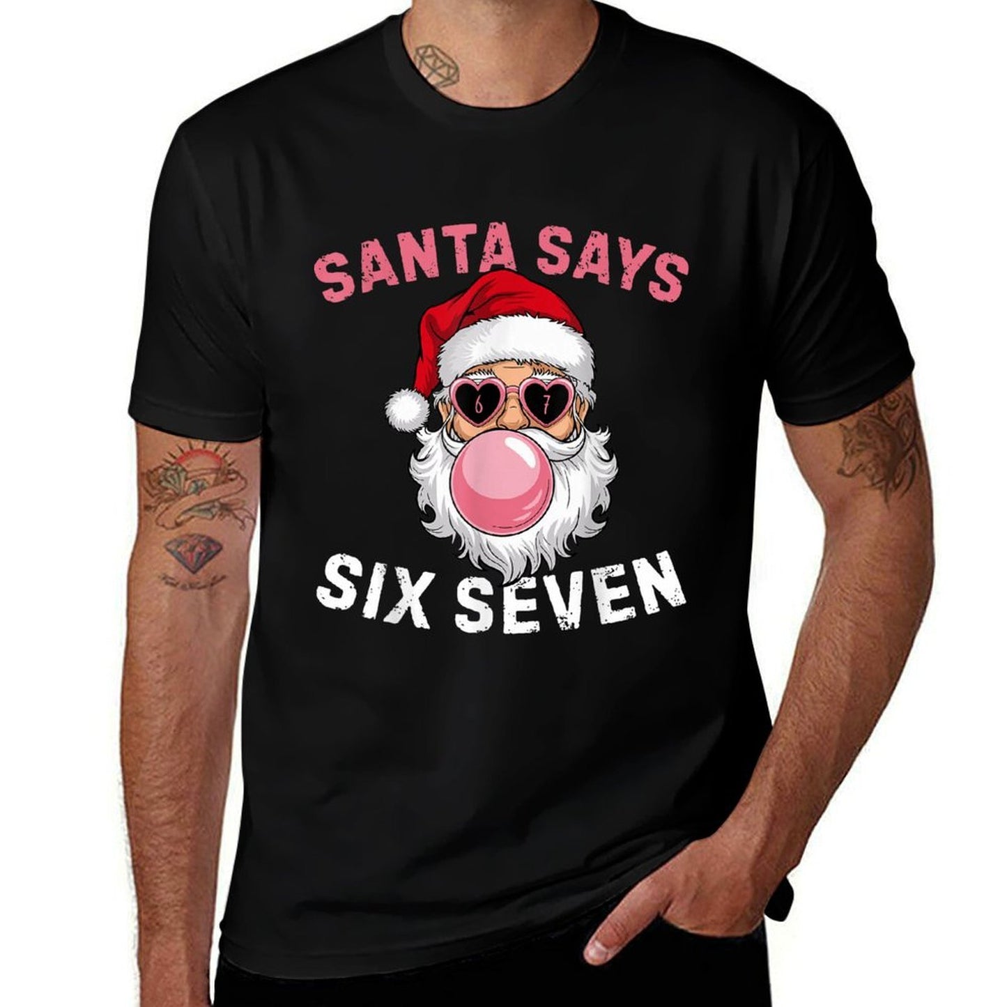 Funny Santa Blowing Bubble Gums Says Six Seven Christmas 67  Fade-proof Color T-Shirt